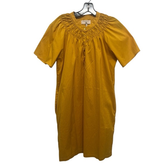 Cotelac Mustard Yellow Cotton Blend Popover Midi Dress Smocking Size Medium (1) - Picture 1 of 11